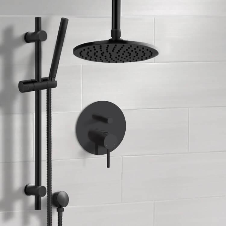 Remer SFR88 Matte Black Shower Set With 8 Inch Rain Ceiling Shower Head and Hand Shower